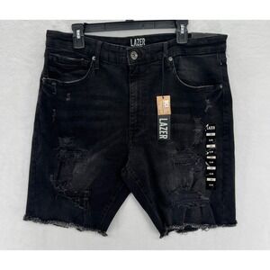 NEW LAZER Men Slim Fit Black Denim Shorts Ripped Distressed Raw Hem Size 38